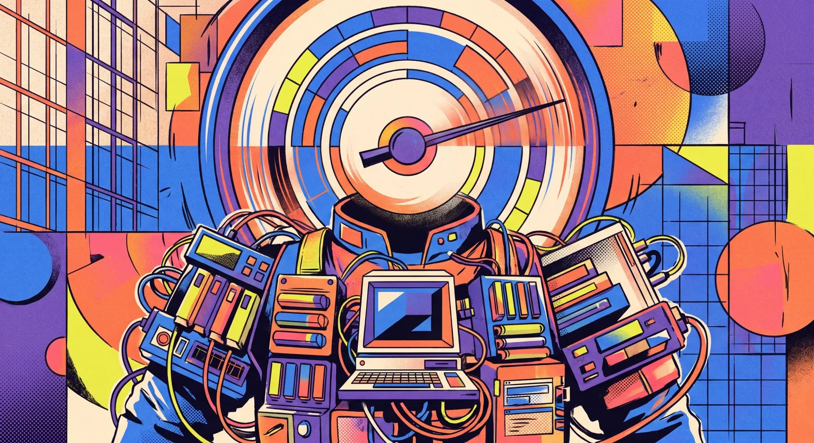 Color illustration of a spacesuit with a retro computer, cables, and a token power meter in the background.