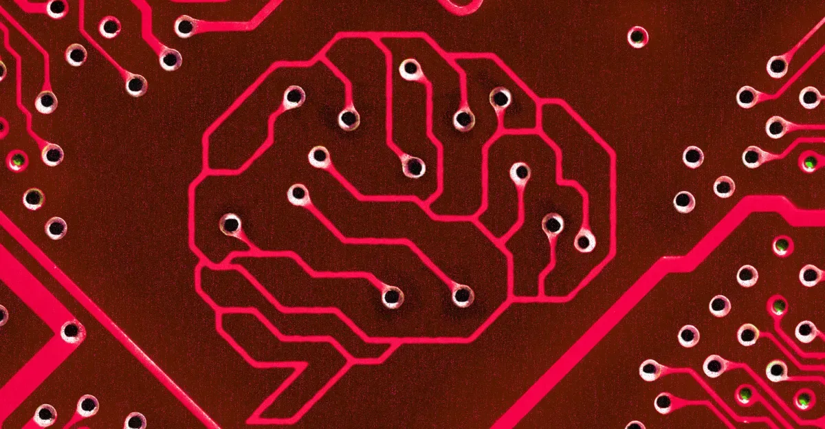 Photo illustration of a brain on a circuit board in red.